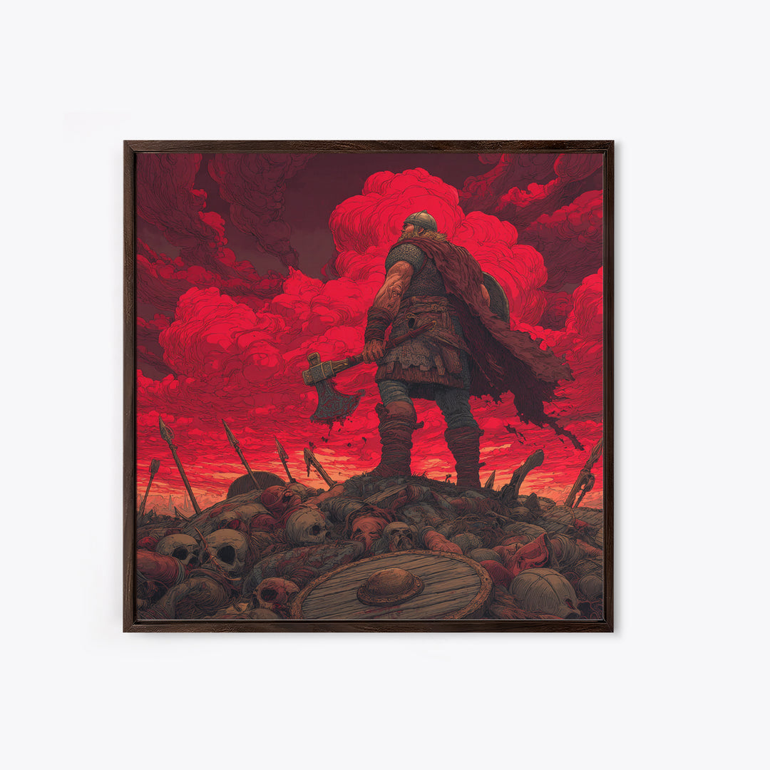 Viking Warrior On Skull Battlefield, Red Apocalypse Wall Art, Norse Fantasy Canvas Print, Dark Masculine Decor, Gift For Him