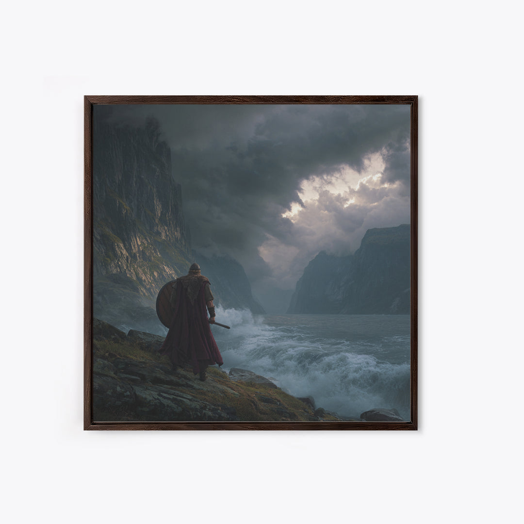 Viking Warrior Over Stormy Fjord Wall Art, Nordic Landscape Canvas Print, Moody Seascape, Nautical Decor, Gift For Him, Coastal Wall Art