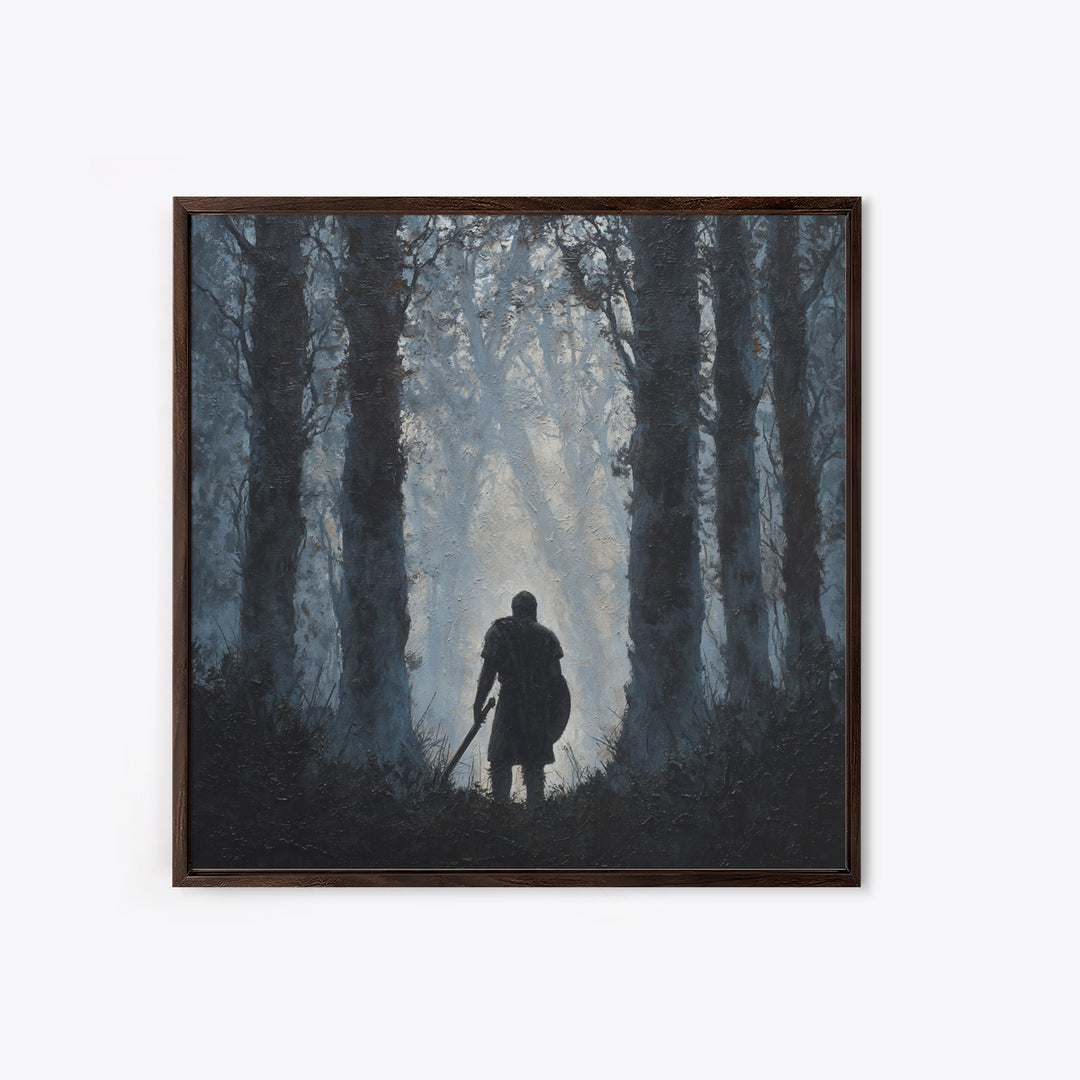 Dark Warrior In Misty Forest Wall Art, Medieval Fantasy Oil Painting, Moody Landscape Print, Gothic Home Decor Gift For Him
