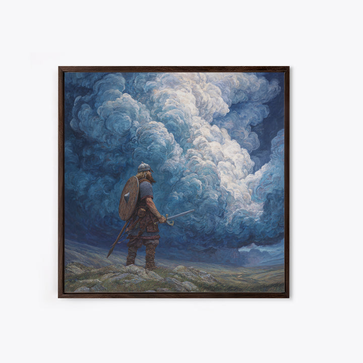 Viking Warrior Beneath Storm Clouds Wall Art, Nordic Fantasy Landscape, Dramatic Blue Canvas Print, Masculine Rustic Decor