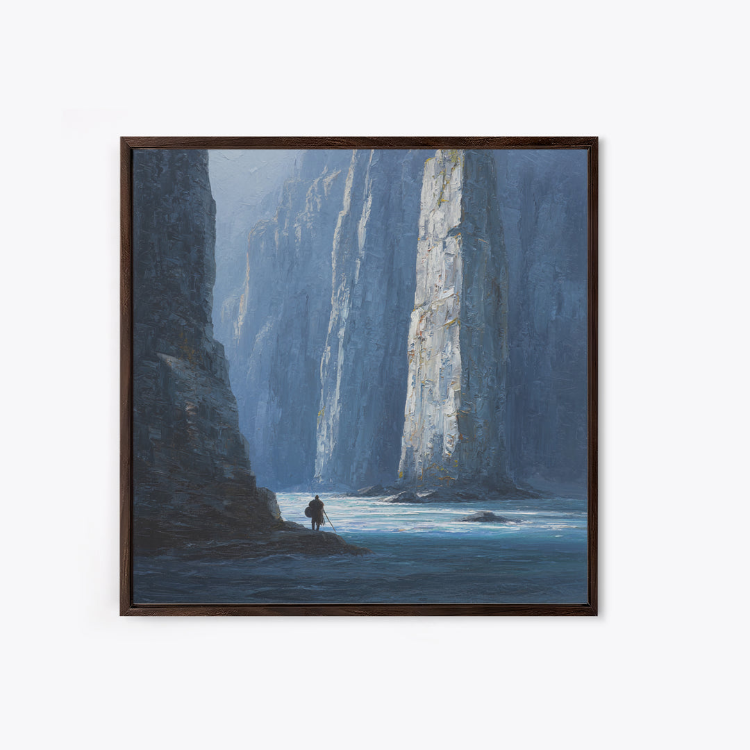 Lone Traveler In Blue Canyon Canvas Print, Misty Cliff Landscape Painting, Moody Nature Wall Art For Living Room Decor Gift