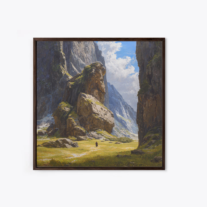 Majestic Alpine Canyon With Lone Traveler Wall Art, Mountain Landscape Painting, Nature Canvas Decor, Large Living Room Art