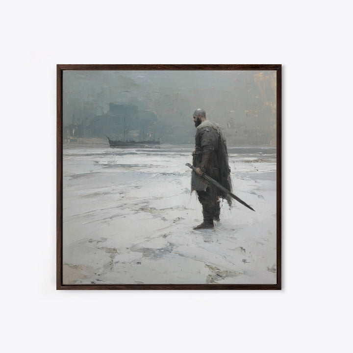 Lone Warrior With Sword In Snow Framed Canvas Print, Nordic Winter Landscape, Moody Wall Art, Dark Fantasy Office Decor Gift