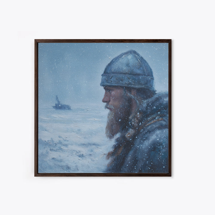 Snowy Viking Warrior Profile Wall Art, Nordic Winter Seascape Oil Painting, Norse Mythology Decor, Masculine Art Print Gift