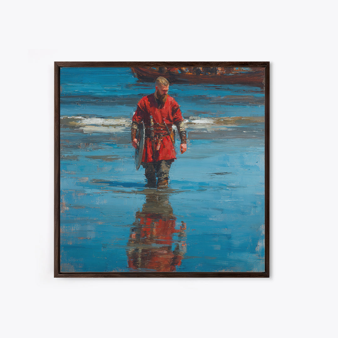 Red Viking Warrior On Shore Canvas Print, Medieval Seascape Oil Painting, Norse Wall Decor, Coastal Masculine Gift For Him