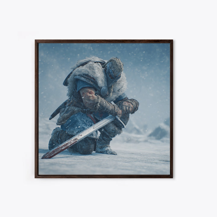 Kneeling Viking Warrior In Snow Framed Canvas Print, Nordic Wall Art, Fantasy Sword Decor, Winter Battle Gift For Him, Man Cave Decor