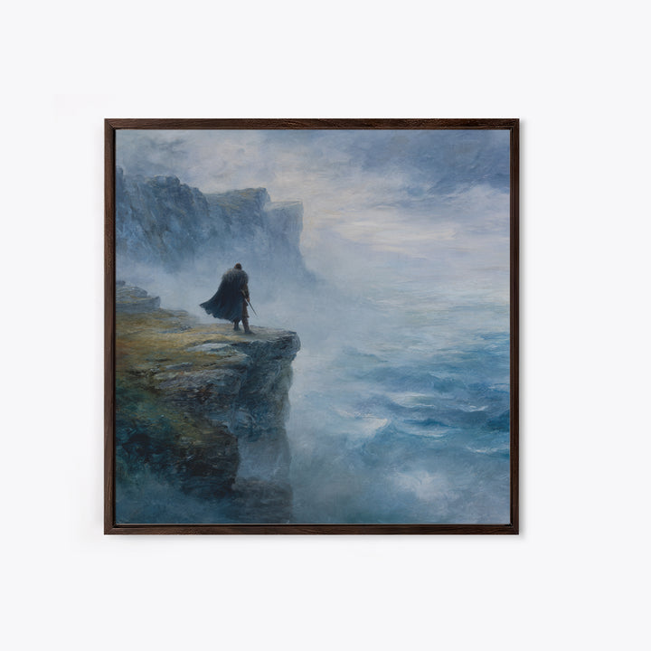 Cloaked Wanderer On Misty Sea Cliff Wall Art, Moody Coastal Landscape Oil Painting, Nordic Fantasy Home Decor For Living Room