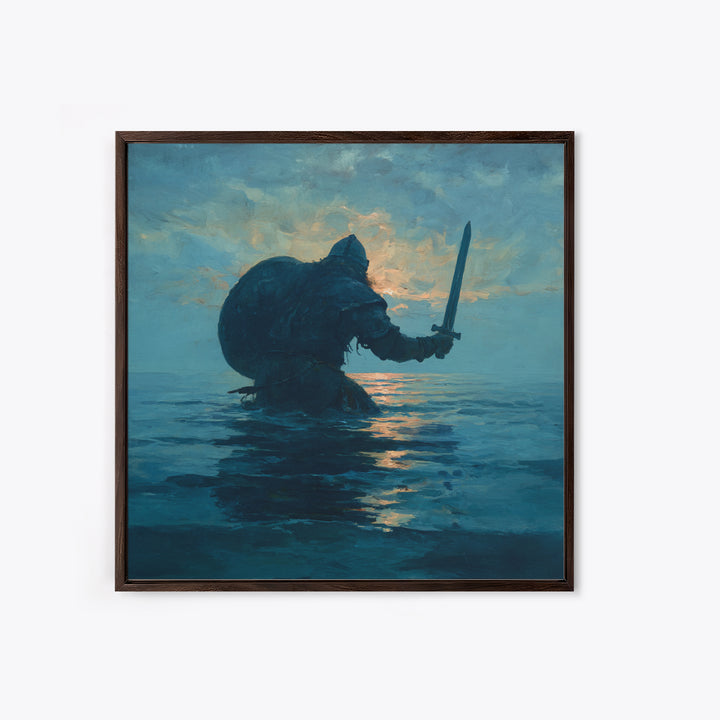 Lone Warrior Rising From The Sea Wall Art, Blue Ocean Sword Painting, Mythic Coastal Canvas Print For Dramatic Living Room Decor
