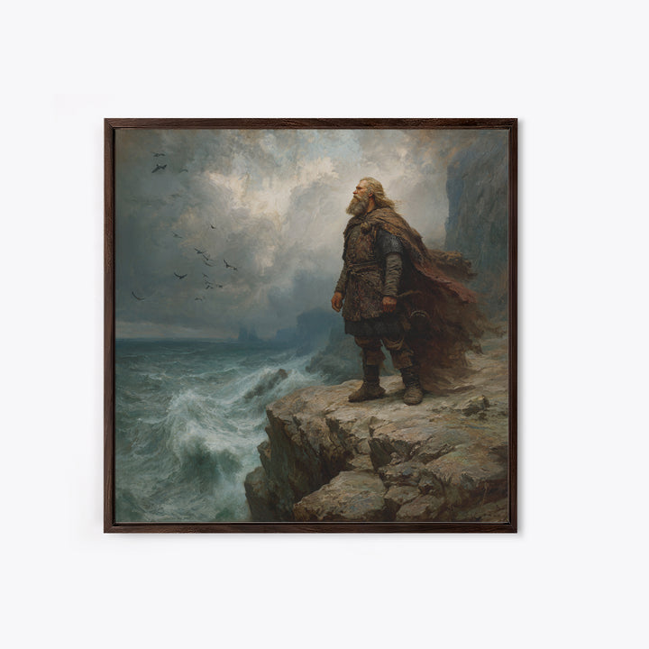 Viking Chieftain On Stormy Sea Cliff Wall Art, Moody Norse Coastal Painting, Dramatic Landscape Art, Masculine Office Decor