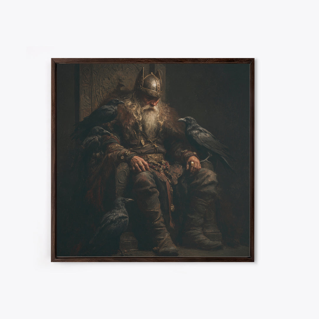 Viking King With Ravens Wall Art, Dark Academia Norse Portrait, Moody Medieval Oil Painting, Gothic Office Decor Gift For Him