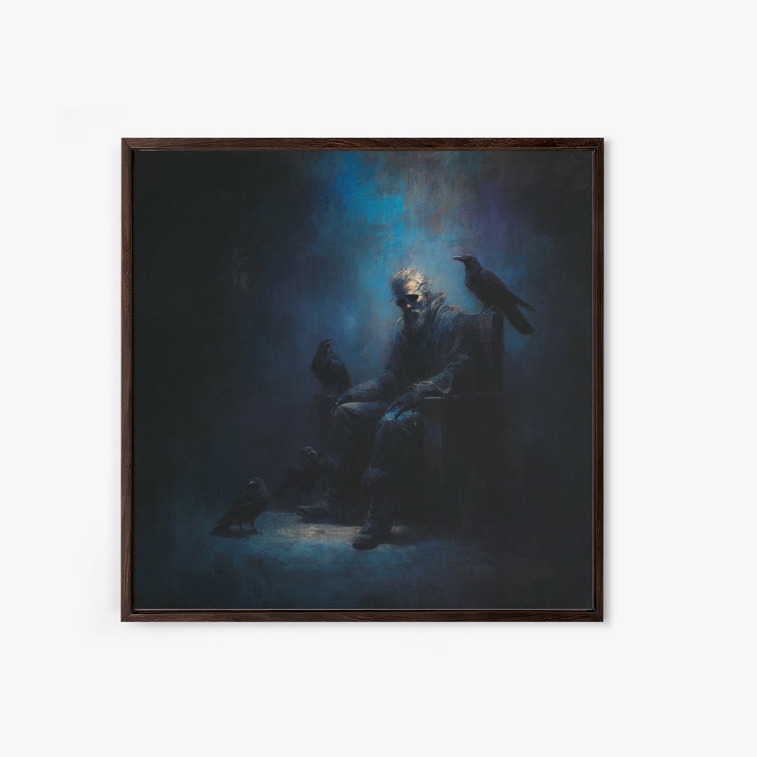 Moody Raven Keeper Portrait Framed Canvas Print, Dark Academia Wall Art, Gothic Crow Oil Painting, Mysterious Office Decor