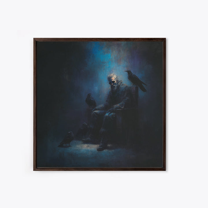 Moody Raven Keeper Portrait Framed Canvas Print, Dark Academia Wall Art, Gothic Crow Oil Painting, Mysterious Office Decor