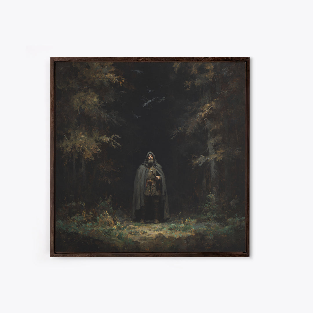 Hooded Wanderer In Dark Forest Wall Art, Raven Gothic Landscape Painting, Moody Fantasy Canvas Print For Dark Academia Decor