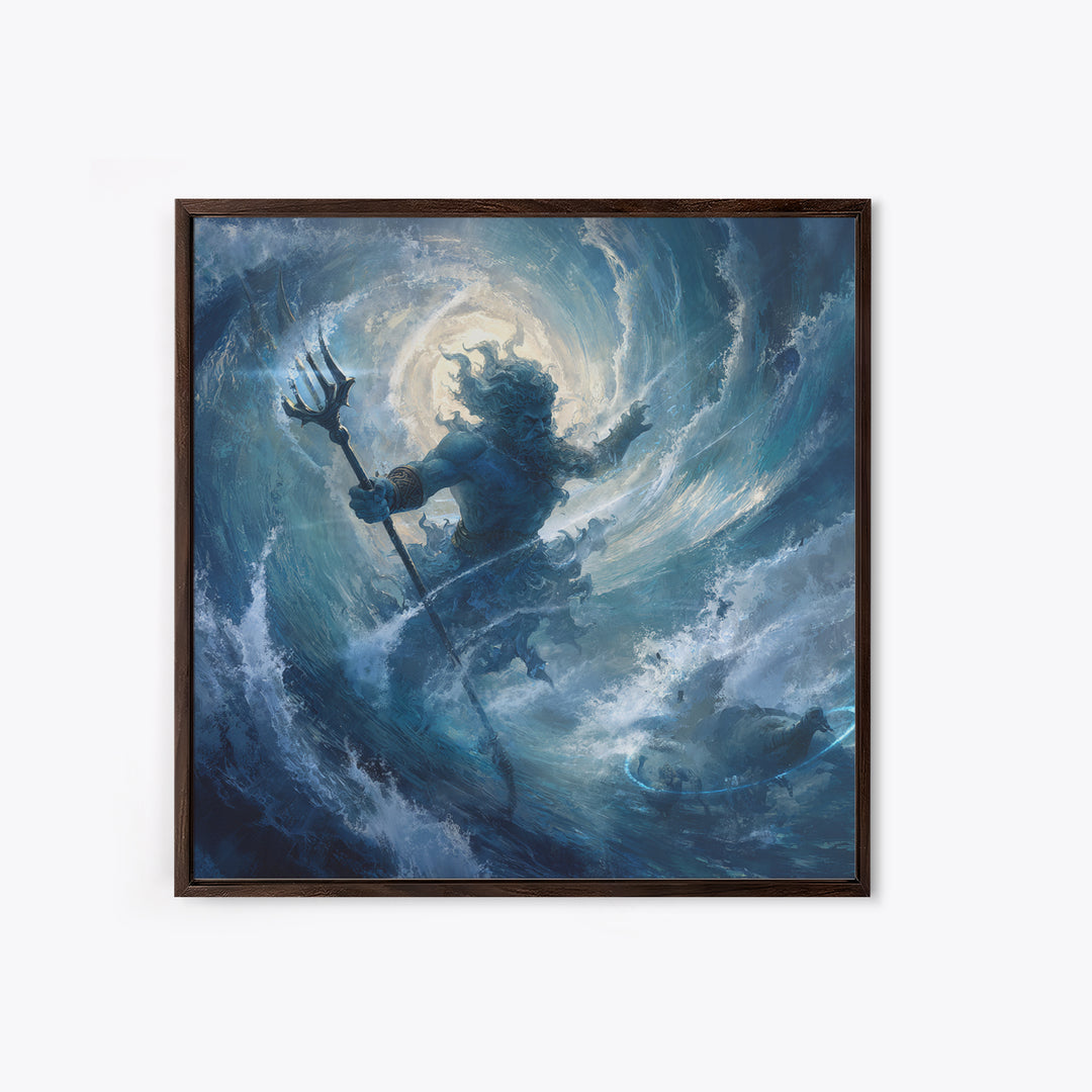 Poseidon Rising From Stormy Ocean Canvas Print, Mythological Wall Art, Nautical Fantasy Decor, Blue Coastal Artwork, Sea God Art