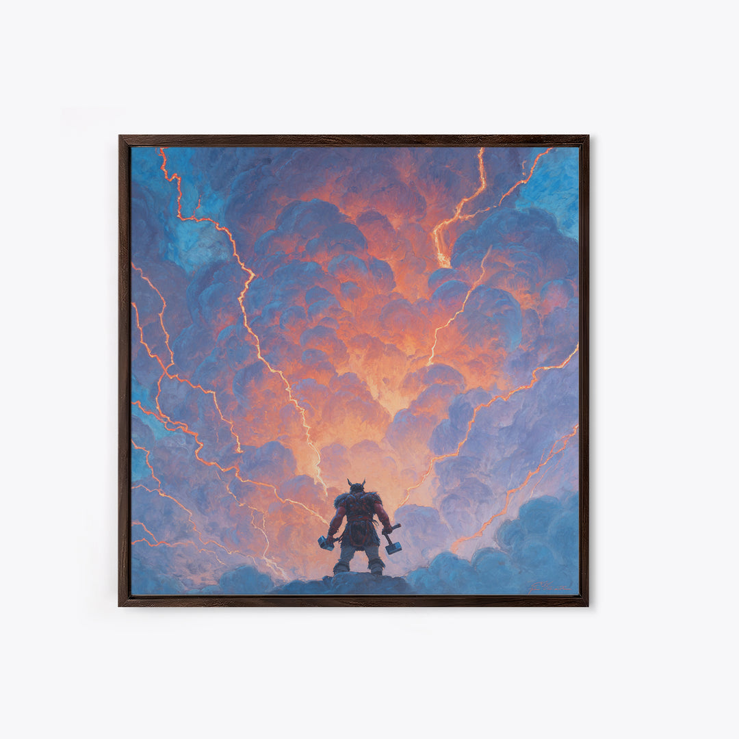 Thor Like Warrior Under Lightning Wall Art, Norse Mythology Storm Painting, Fantasy Canvas Print, Dramatic Game Room Decor