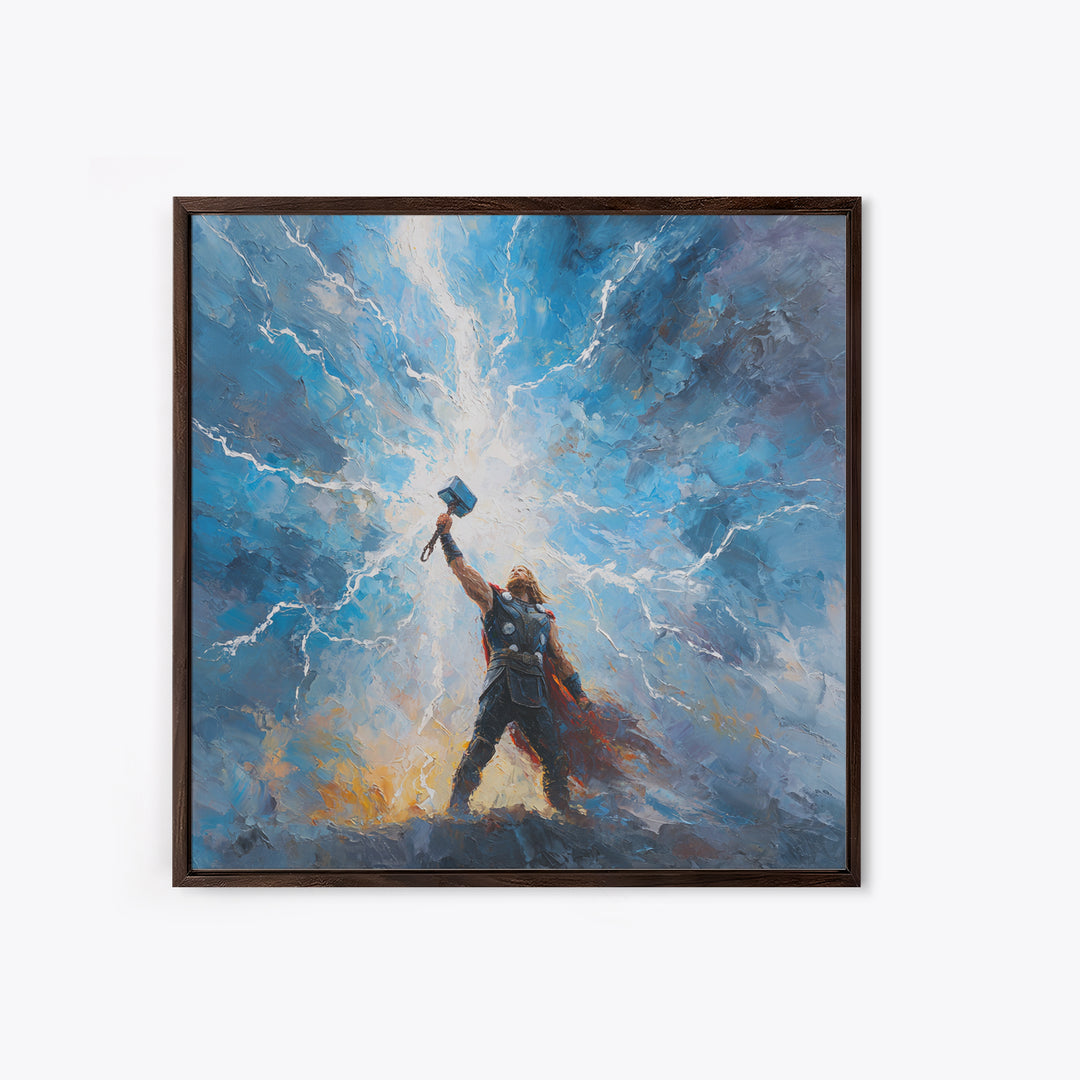 Thunder God Raising Hammer Wall Art, Norse Mythology Canvas Print, Lightning Storm Oil Painting, Viking Decor Gift For Him