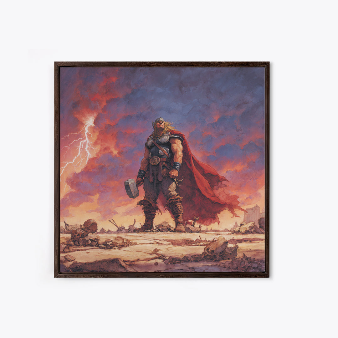 Thunder God With Hammer And Stormy Lightning Sky, Epic Viking Canvas Print, Norse Mythology Wall Art, Fantasy Warrior Decor