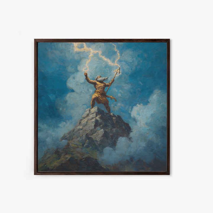Thunder God Raising Lightning On Mountain Peak Wall Art, Mythological Art Print, Fantasy Art, Dramatic Office Decor, Gift