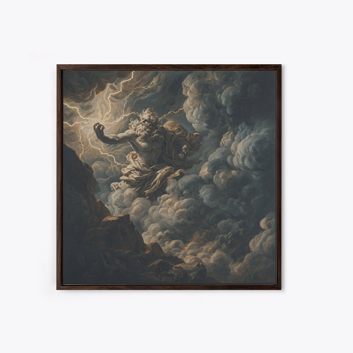 Zeus Summoning Lightning In Storm Clouds Framed Canvas Print, Mythological Art, Baroque Wall Art, Moody Dark Academia Decor