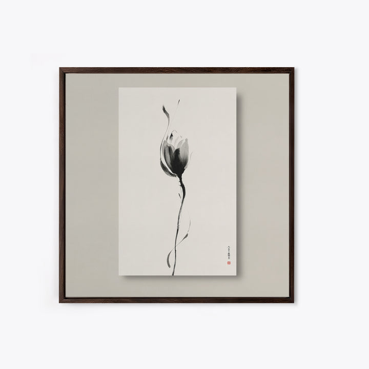 Minimalist Lotus Flower Ink Wall Art Print, Japanese Zen Floral Painting For Bedroom Decor And Modern Neutral Home