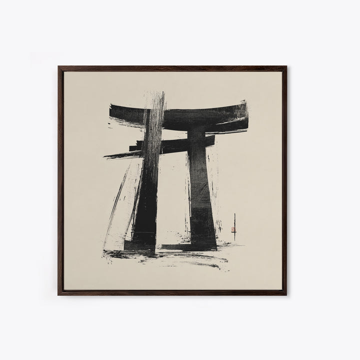 Minimalist Japanese Torii Gate Ink Painting Wall Art, Black And White Zen Decor Framed Canvas Print