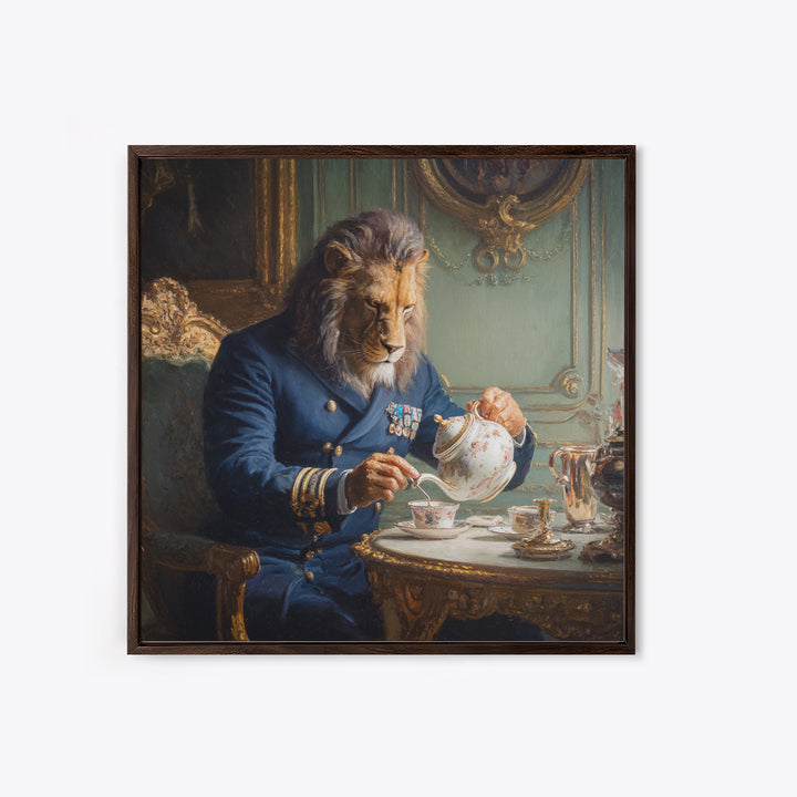 Lion Admiral Pouring Tea Wall Art, Whimsical Animal Portrait, Royal Navy Home Decor, Maximalist Canvas, Unique Gift For Him