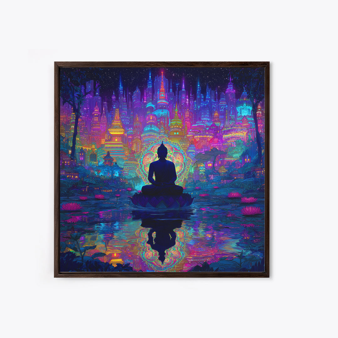 Neon Buddha Cityscape Meditation Wall Art, Spiritual Cyberpunk Canvas Print, Colorful Zen Meditation Room Decor