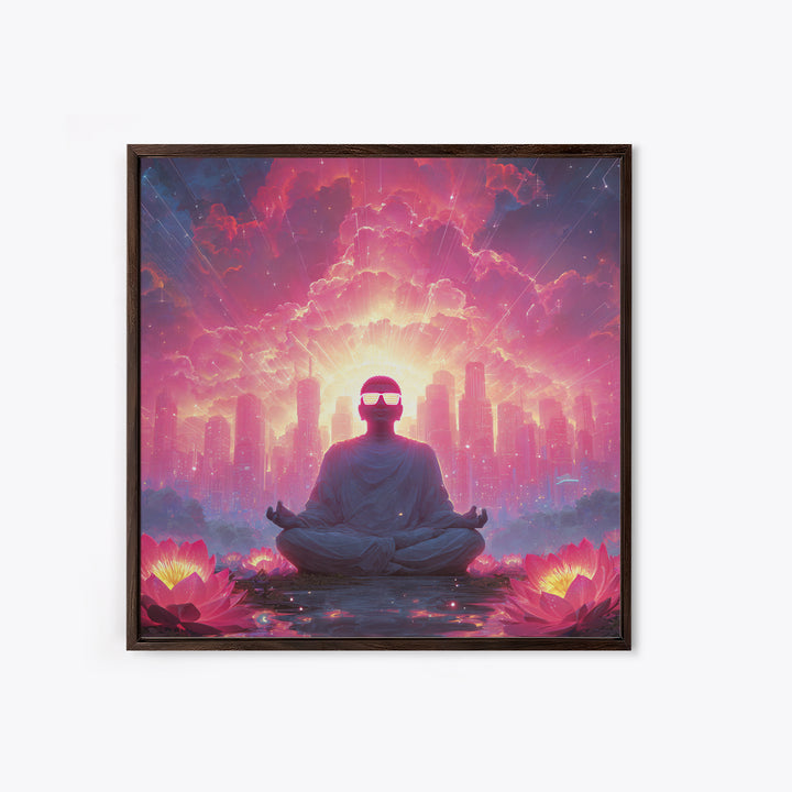 Neon Buddha Cityscape Meditation Wall Art, Psychedelic Lotus Sunset Canvas Print, Futuristic Spiritual Decor For Modern Living Room