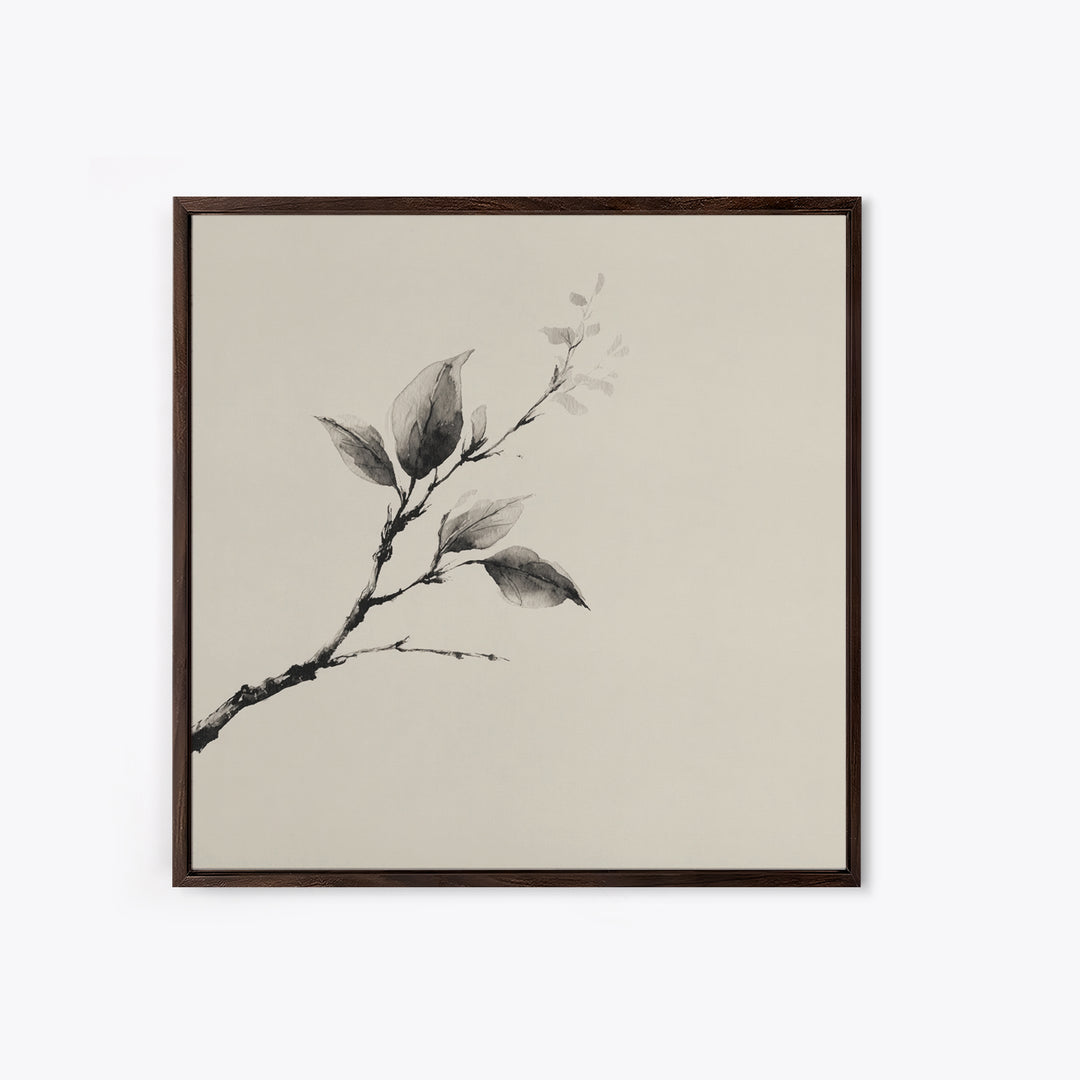 Minimal Ink Botanical Branch Wall Art, Neutral Japandi Nature Print, Calm Wabi Sabi Style Above Bed Framed Canvas Print