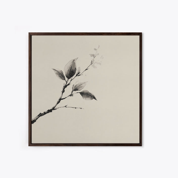 Minimal Ink Botanical Branch Wall Art, Neutral Japandi Nature Print, Calm Wabi Sabi Style Above Bed Framed Canvas Print