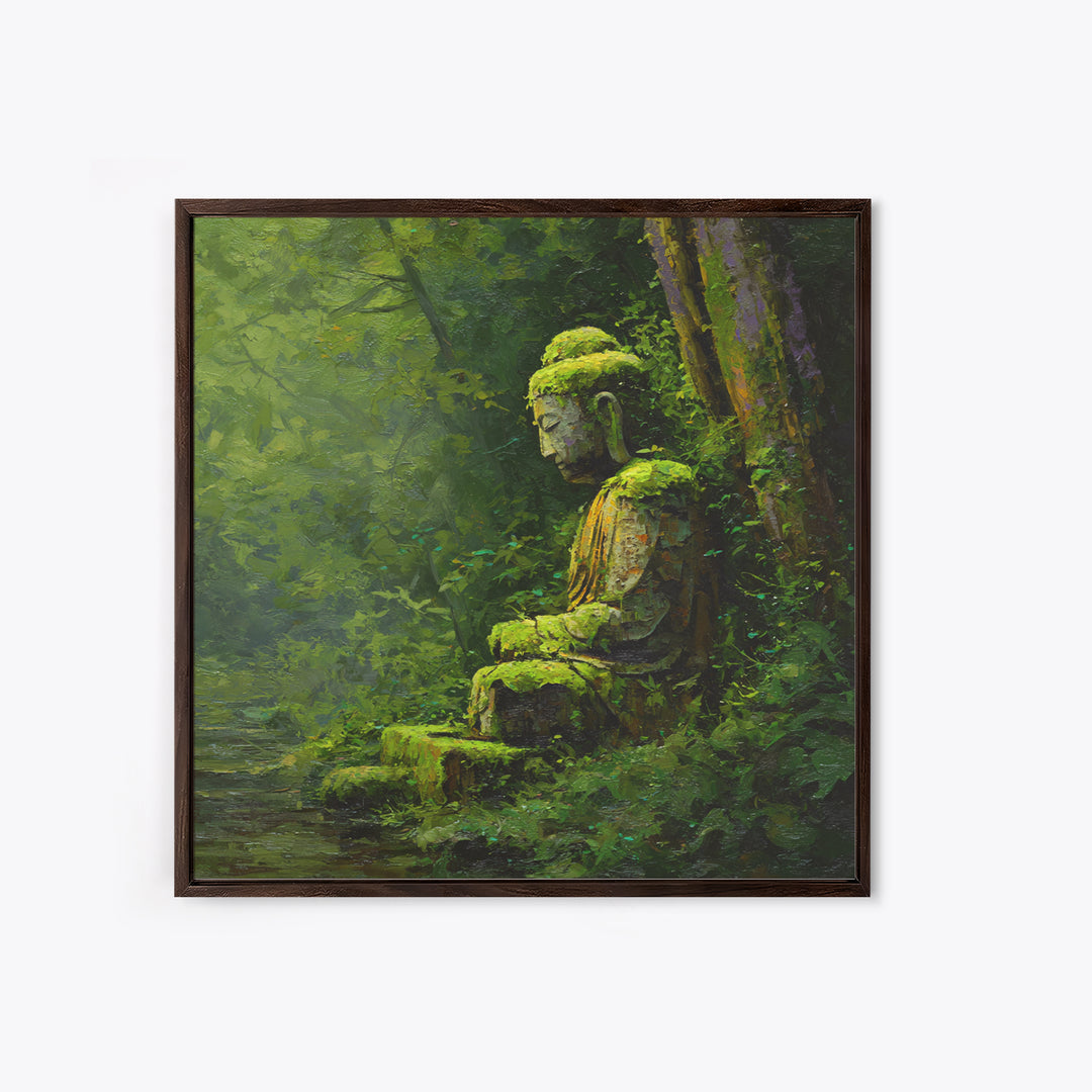 Serene Green Moss Covered Buddha Statue Wall Art Oil Painting Canvas Print For Peaceful Zen Home Decor And Meditation Room Wall