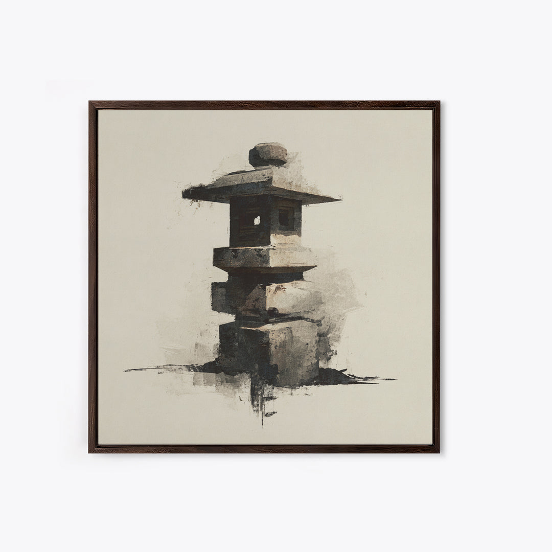 Minimal Japanese Stone Lantern Wall Art, Ink Style Zen Painting, Wabi Sabi Neutral Print For Japandi Home Decor And Entryway