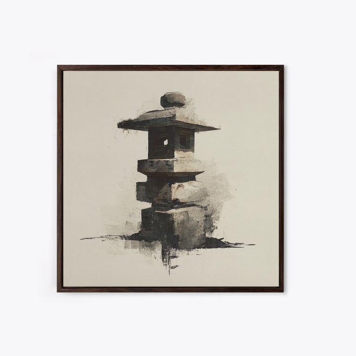 Minimal Japanese Stone Lantern Wall Art, Ink Style Zen Painting, Wabi Sabi Neutral Print For Japandi Home Decor And Entryway