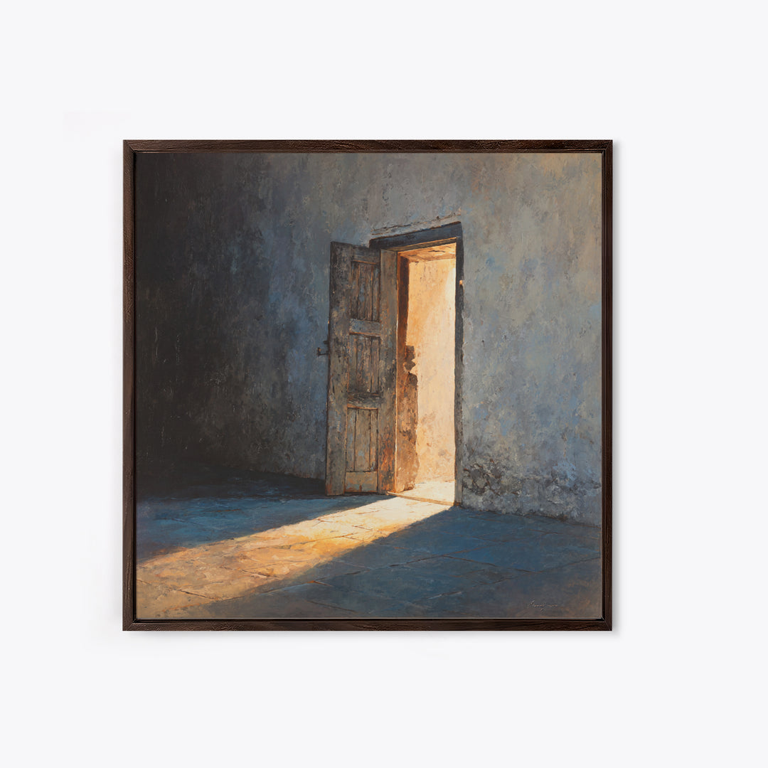Sunlit Open Door Textured Wall Art Framed Canvas Print, Minimalist Rustic Decor, Moody Wall Art For Entryway Or Living Room
