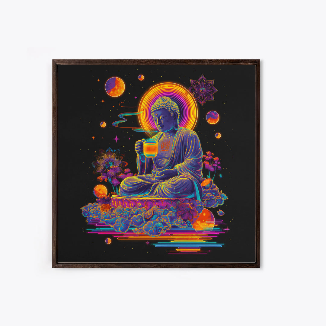 Colorful Neon Buddha With Celestial Elements Wall Art Canvas Print Spiritual Modern Home Decor Gift