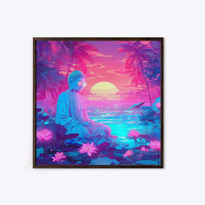 Neon Buddha Meditating By Futuristic Ocean Sunset Wall Art, Psychedelic Zen Lotus Canvas Print