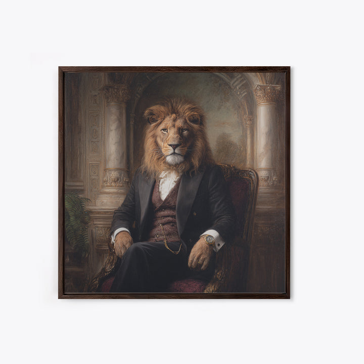 Regal Lion Gentleman Portrait Wall Art, Dark Academia Animal Painting, Victorian Library Decor, Luxury Masculine Office Decor