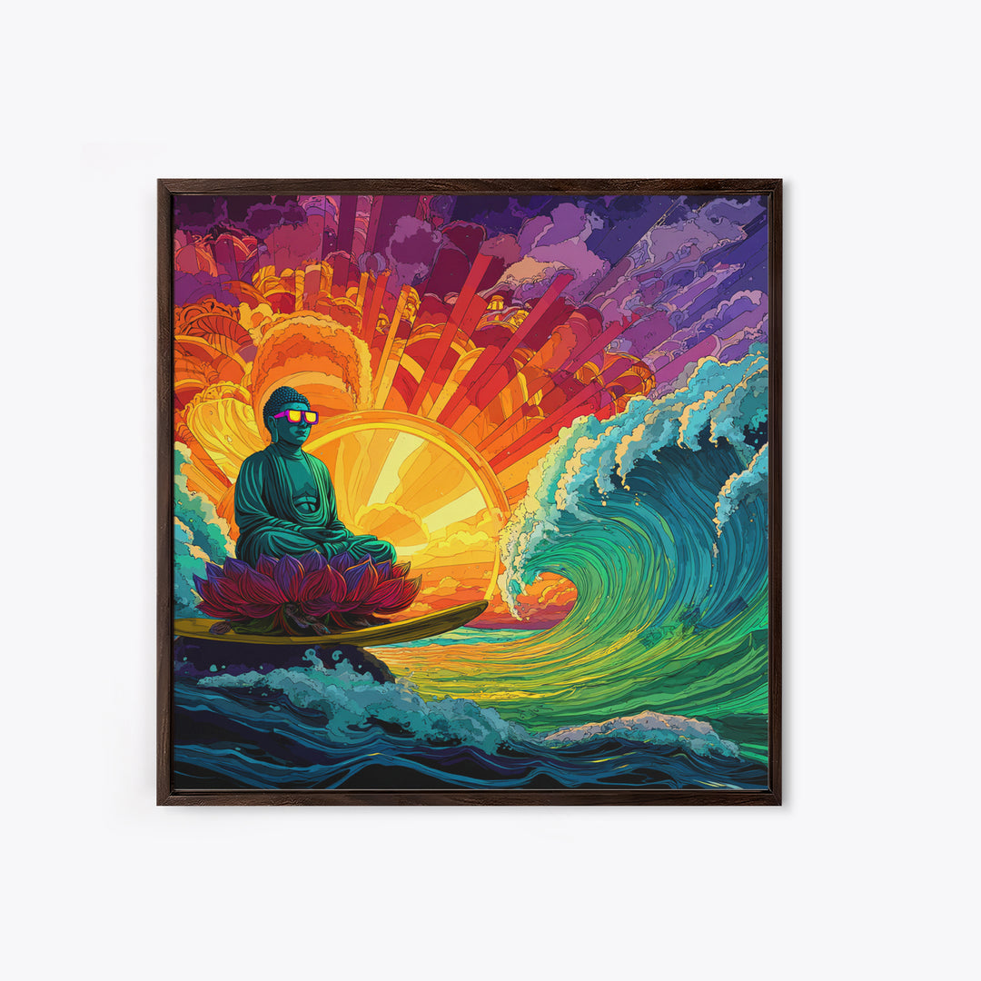 Psychedelic Surfing Buddha In Neon Sunset Waves Wall Art, Trippy Spiritual Canvas Print, Modern Boho Home Decor