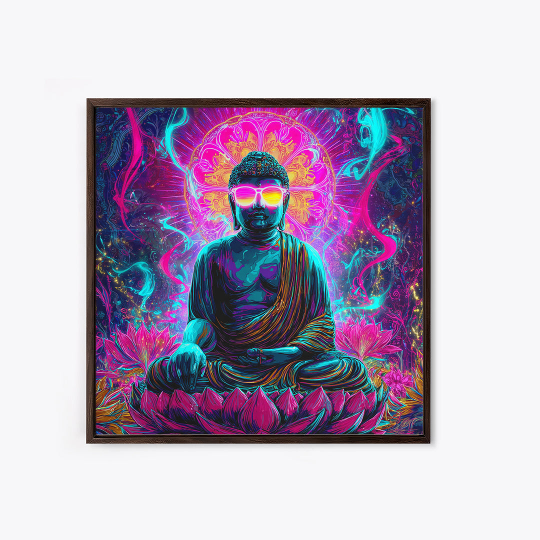 Neon Psychedelic Buddha Sitting On Lotus Flower Spiritual Wall Art Canvas Print Bright Vibrant Home Decor