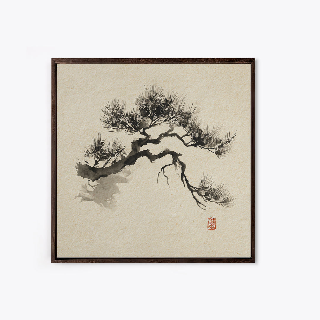 Japanese Ink Pine Tree Wall Art, Minimal Sumi E Landscape Framed Canvas Print, Wabi Sabi Zen Decor For Calm Modern Home Or Office