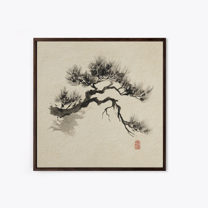 Japanese Ink Pine Tree Wall Art, Minimal Sumi E Landscape Framed Canvas Print, Wabi Sabi Zen Decor For Calm Modern Home Or Office