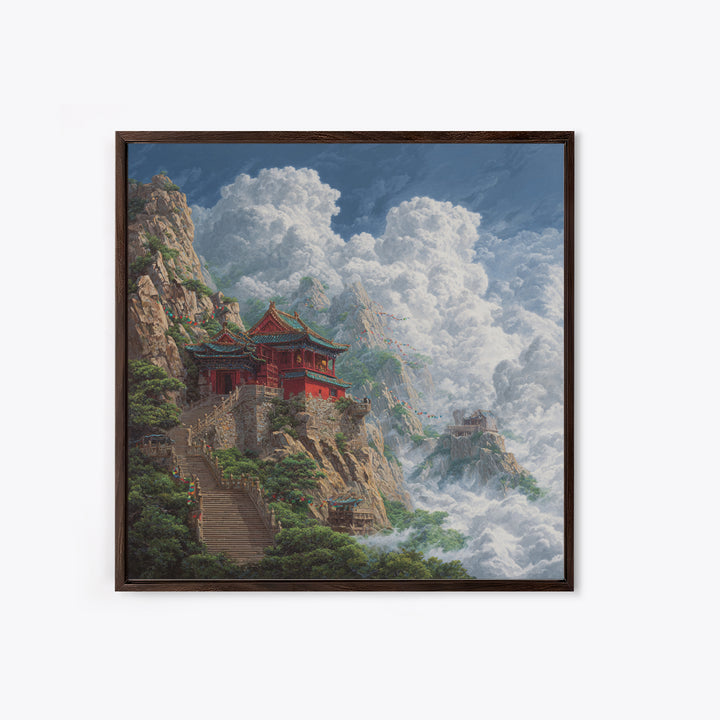 Temple Above The Clouds Fantasy Mountain Landscape Wall Art, Asian Inspired Nature Home Decor, Large Canvas Print