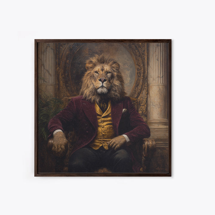 Majestic Lion In Burgundy Suit Framed Canvas Print, Victorian Animal Portrait, Dark Academia Office Decor, Luxury Wall Decor