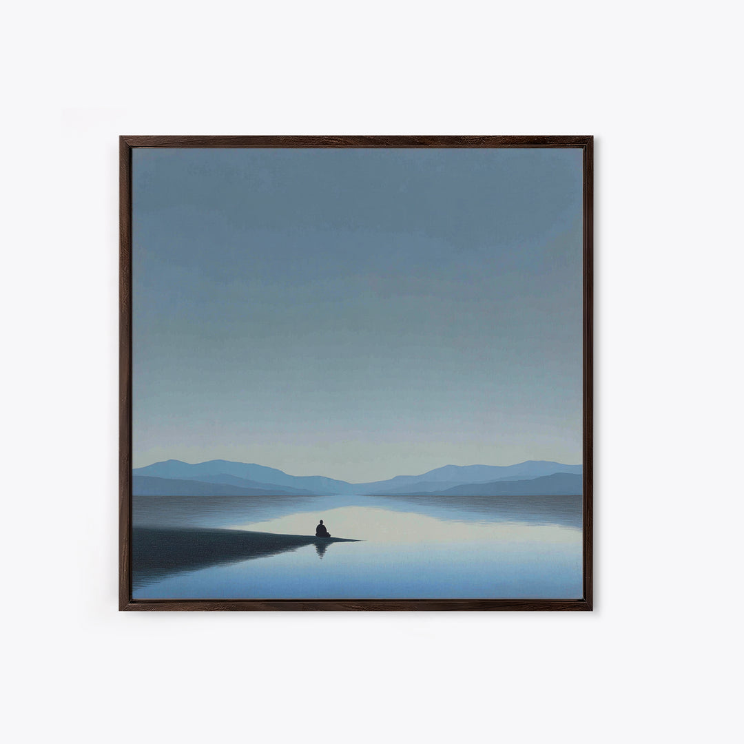 Minimalist Lake Meditation Landscape Wall Art, Calming Blue Mountains Canvas Print, Modern Living Room Decor Artwork