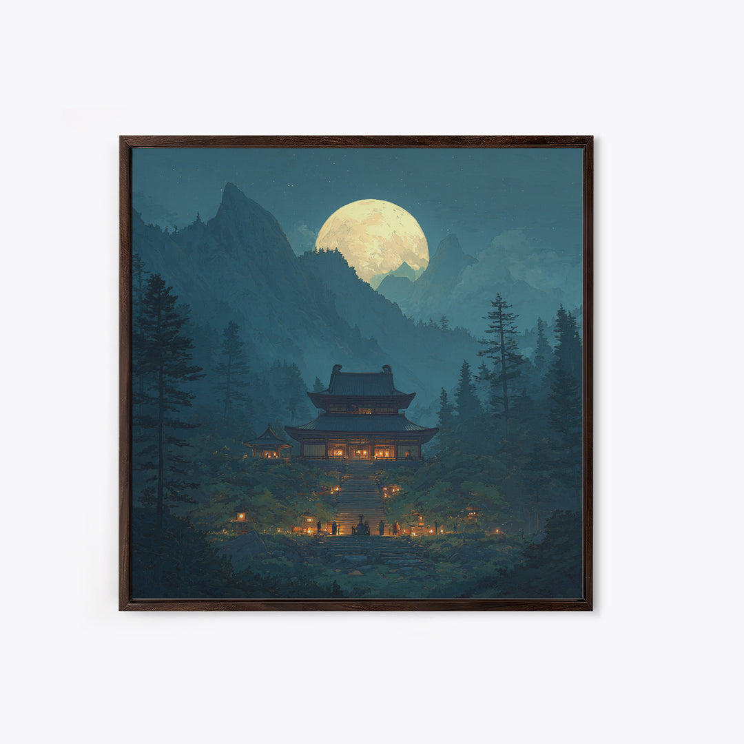 Moonlit Mountain Temple Landscape Wall Art Large Framed Canvas Print For Zen Meditation Room And Mystical Home Decor
