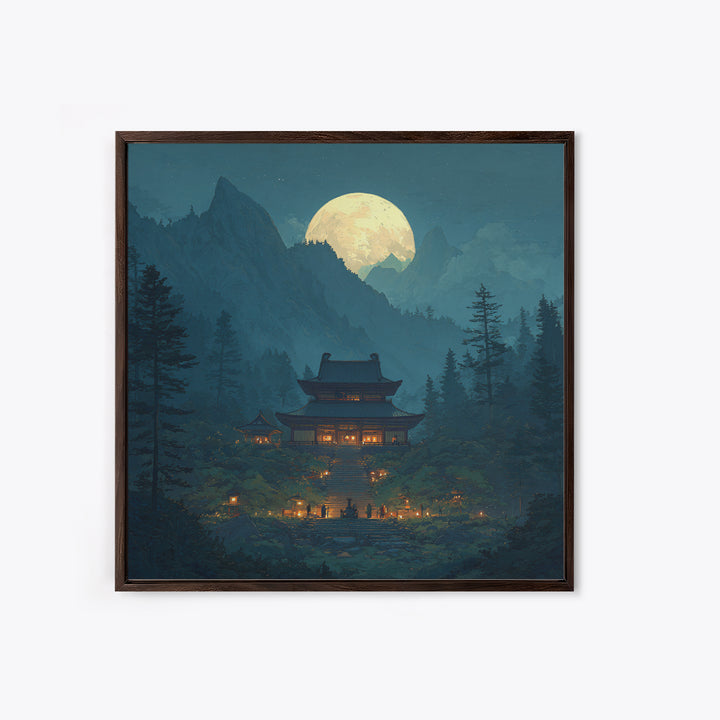 Moonlit Mountain Temple Landscape Wall Art Large Framed Canvas Print For Zen Meditation Room And Mystical Home Decor