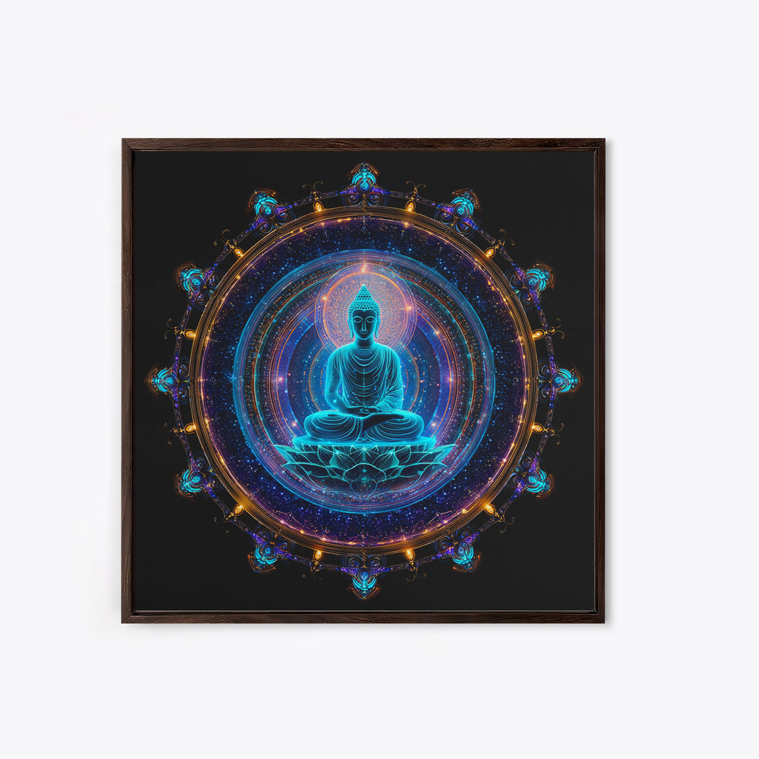Mystical Neon Blue Buddha Mandala Spiritual Meditation Wall Art Canvas Print Yoga Room Decor