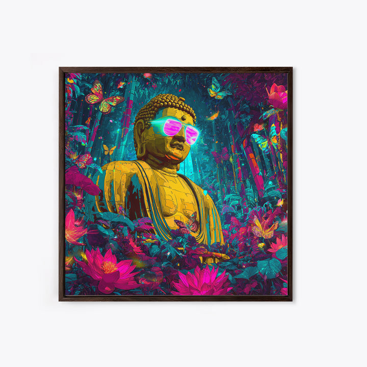 Neon Jungle Buddha With Butterflies Wall Art, Psychedelic Spiritual Canvas Print, Colorful Boho Home Decor