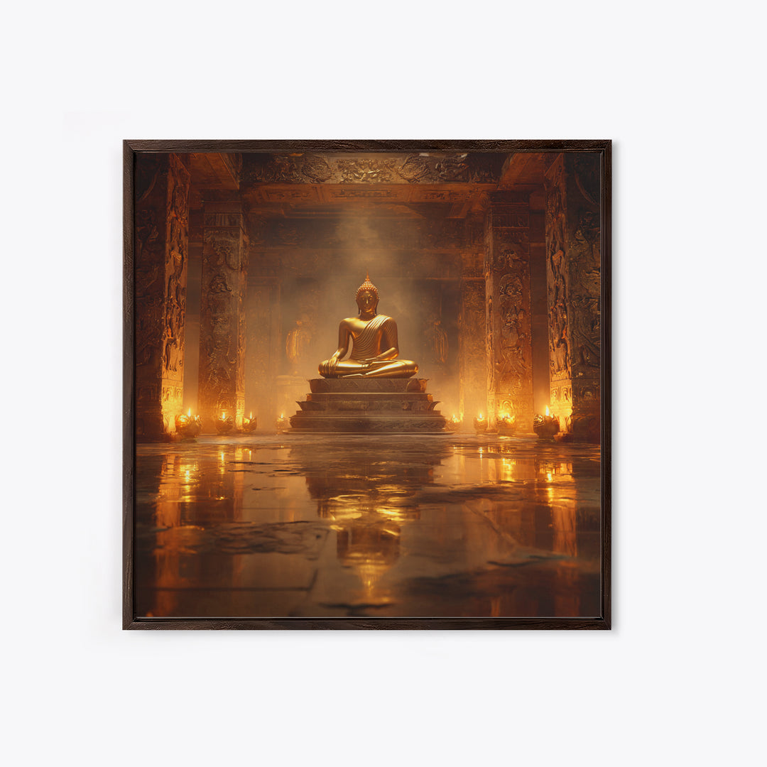 Golden Buddha Temple Wall Art, Serene Zen Statue Framed Canvas Print, Meditation Room Decor, Spiritual Asian Inspired Home Decor
