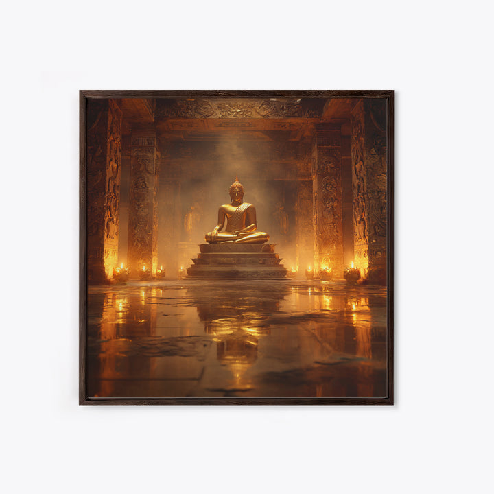 Golden Buddha Temple Wall Art, Serene Zen Statue Framed Canvas Print, Meditation Room Decor, Spiritual Asian Inspired Home Decor
